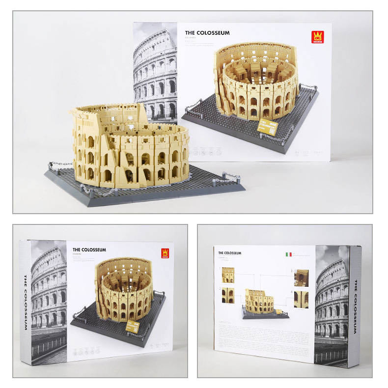 Colosseum Rome Italy building blocks model with packaging box showing front and back design, ideal for display, collection, and gift presentation