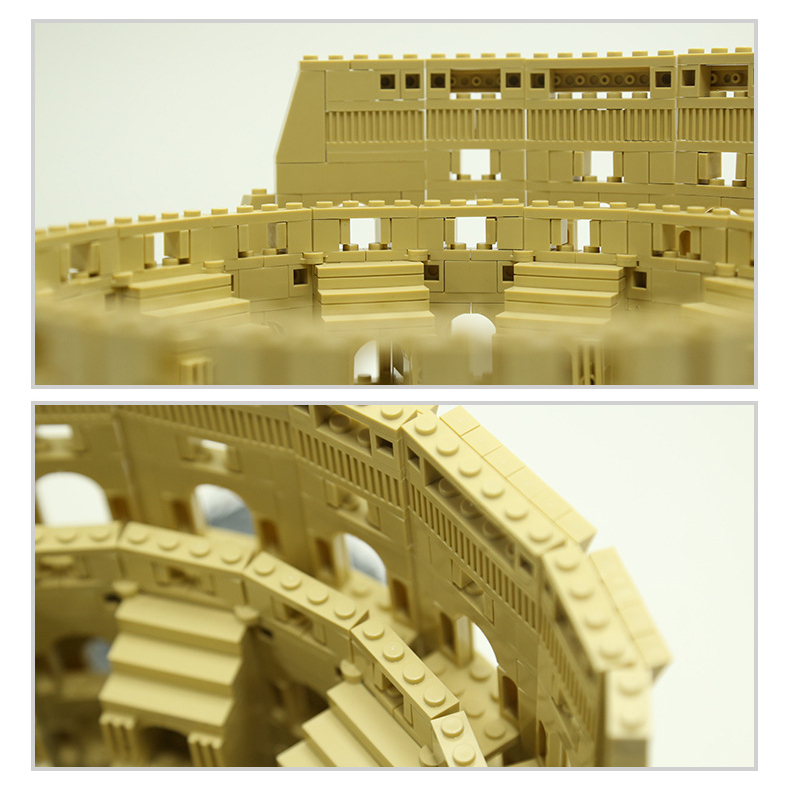Colosseum building blocks model close up showing interior seating, curved walls, and detailed brick structure for realistic architectural detail