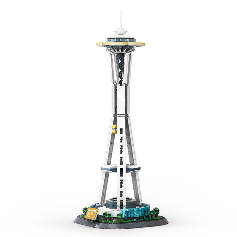 Space Needle architecture building blocks model with tall tower structure and realistic design on clean background