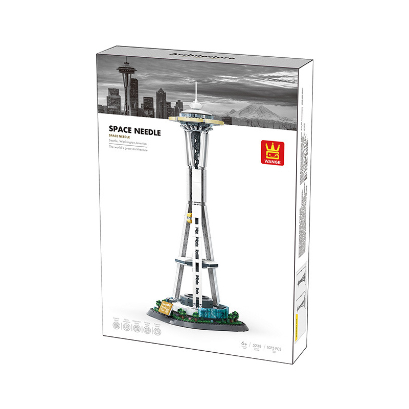 WANGE Space Needle building blocks set packaging box with model image and architectural design details