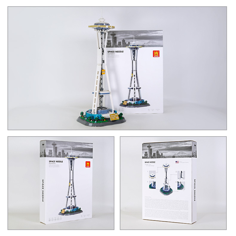 WANGE Space Needle building blocks set with completed model and packaging box, front and back views for display and collection