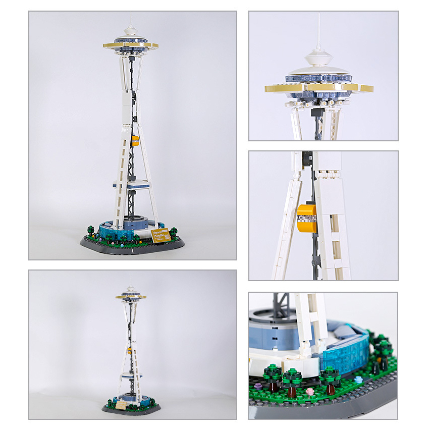 Space Needle building blocks model collage showcasing full structure, observation deck, tower details, and landscaped base