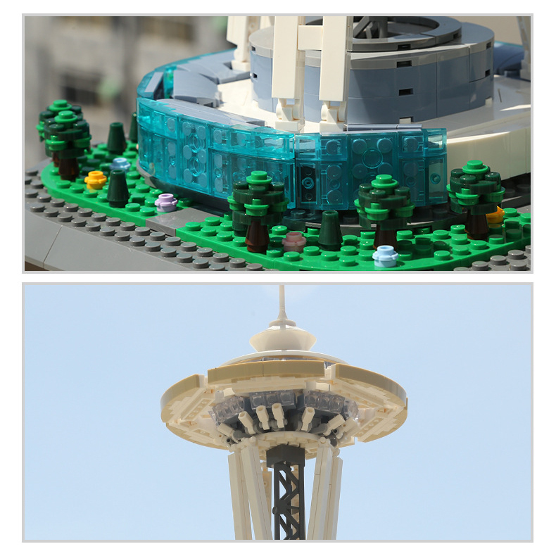Close up of Space Needle building blocks base with transparent panels, landscaped details, and miniature trees design