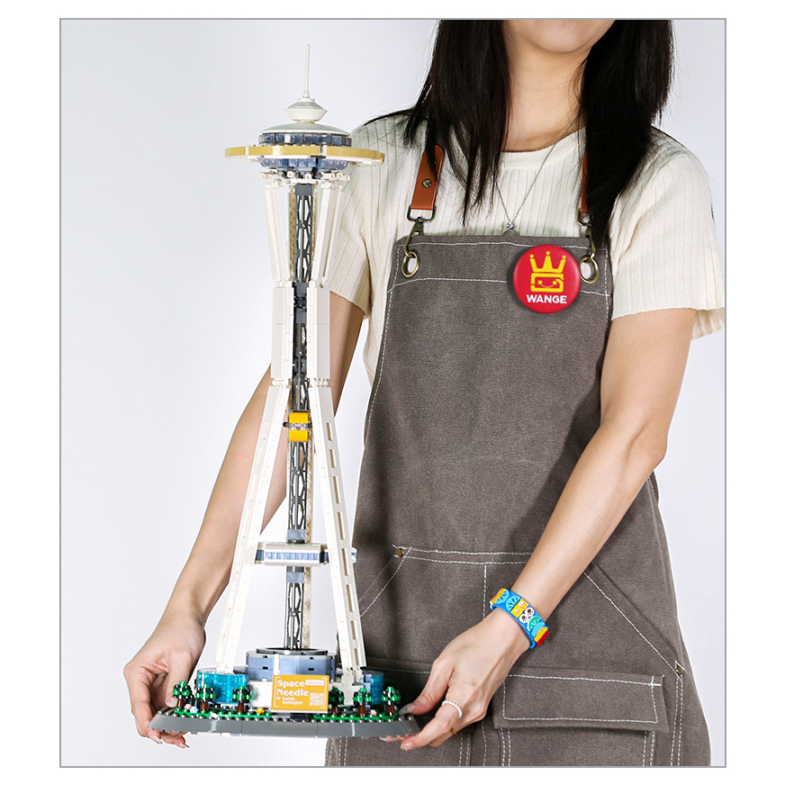Completed Space Needle building blocks model showcasing detailed tower structure and stable display base