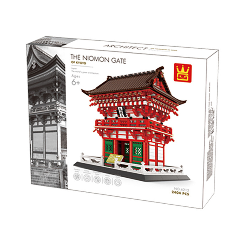 WANGE Kiyomizu-dera Niomon Gate building blocks packaging box showing completed model design, architecture series branding, and product details for display set