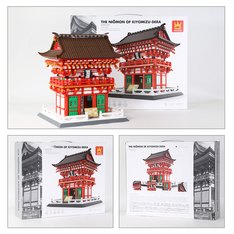 WANGE Kiyomizu-dera Niomon Gate building blocks model displayed with packaging box, showcasing completed structure, product presentation, and collectible architecture set