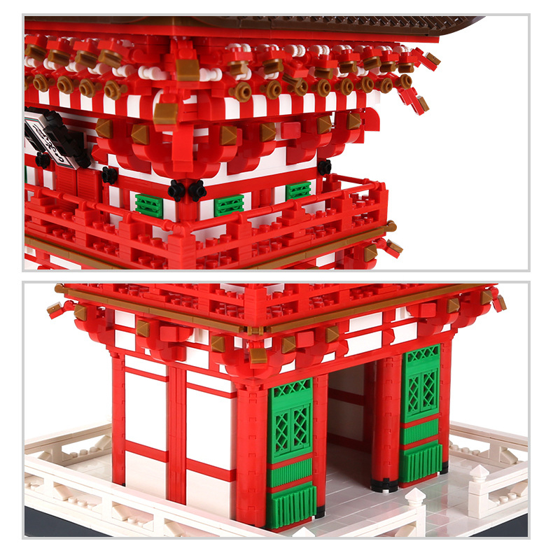 Kiyomizu-dera Niomon Gate building blocks close-up showing red structural beams, balcony railings, and green door elements with detailed base design