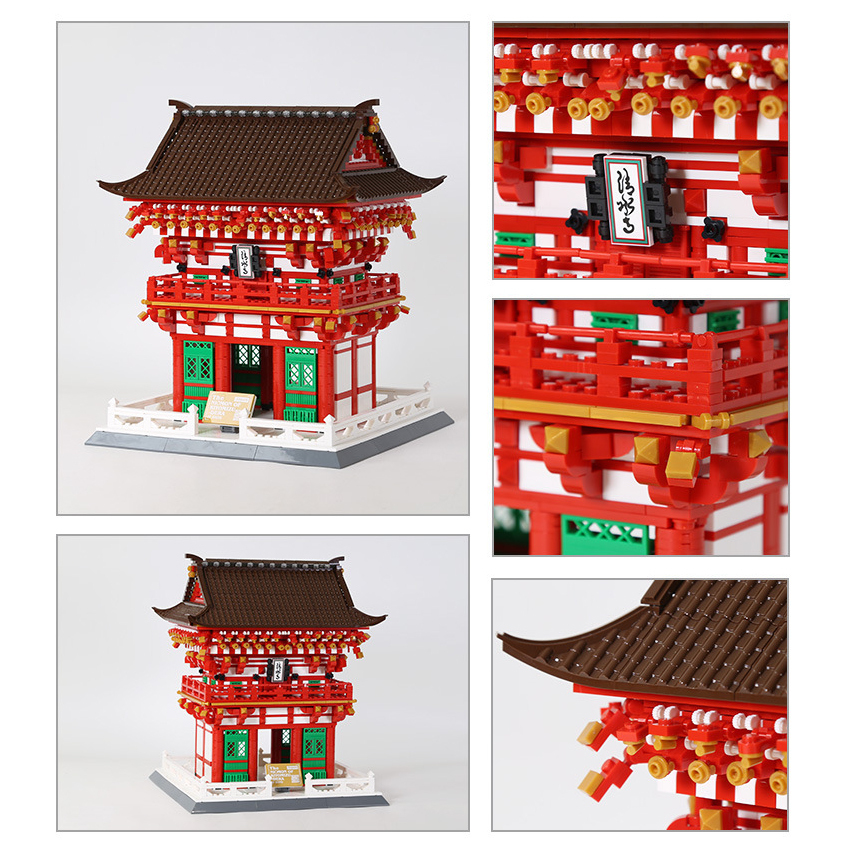 Kiyomizu-dera Niomon Gate building blocks model shown from multiple angles with close-up details of roof tiles, railings, and intricate Japanese temple architecture design