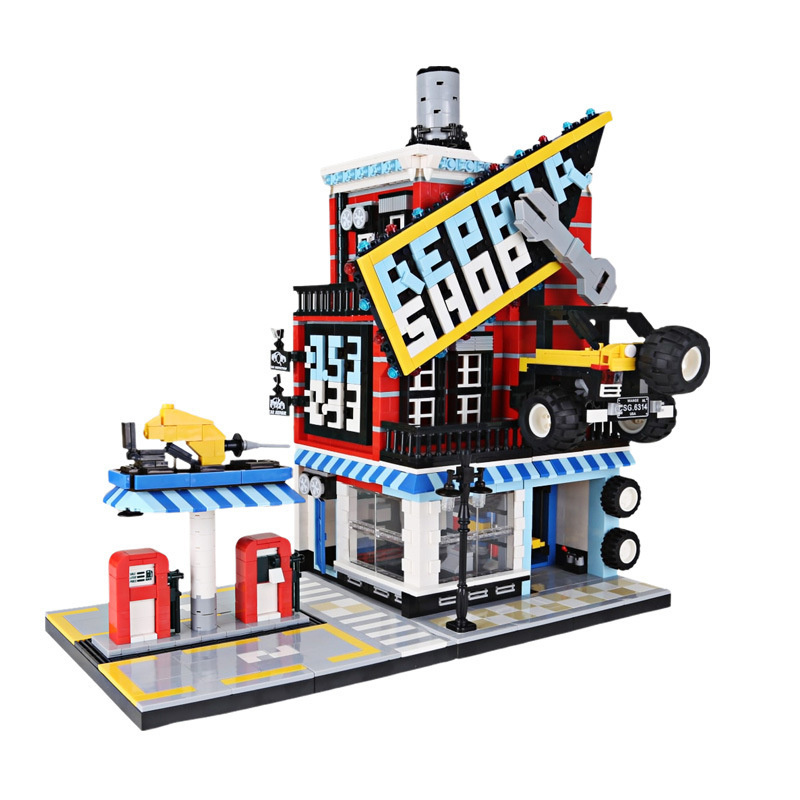 WANGE auto repair shop building blocks model with bold signage, rooftop car detail, and complete street base structure