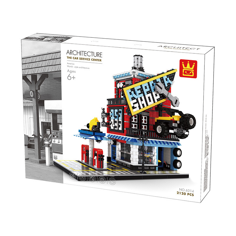 WANGE car service center building blocks set packaging showing completed auto repair shop model with gas station and detailed structure