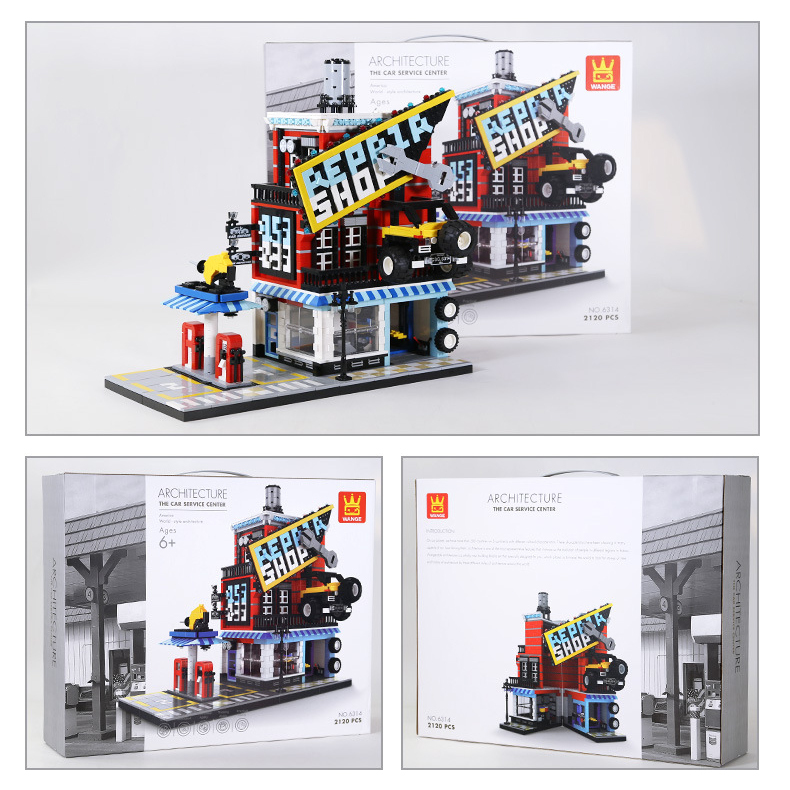 WANGE car service center building blocks set with completed model and packaging, highlighting multi-angle views and detailed design features