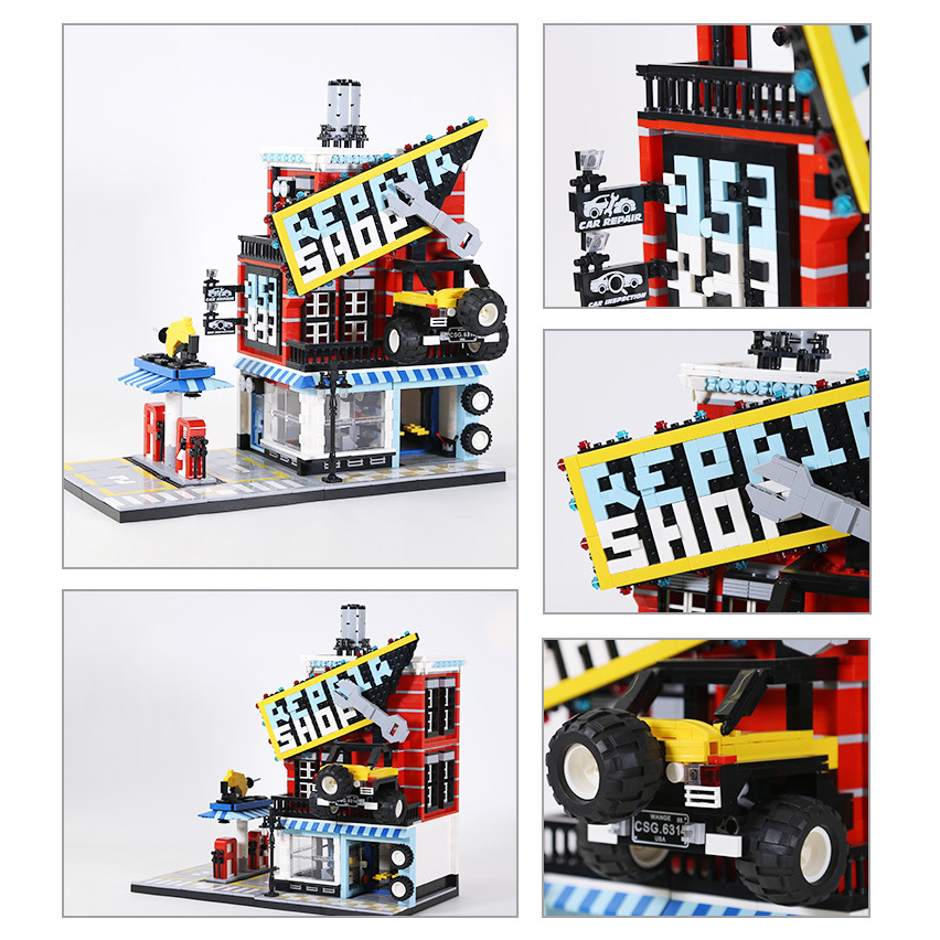 WANGE car service center building blocks model collage showing full structure, repair shop sign, car detail, and architectural close-up elements