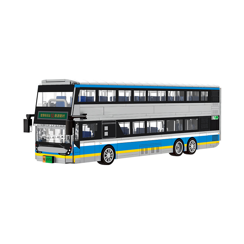 Double-decker electric bus building blocks model with clean white background, showcasing detailed structure, transparent windows, and realistic city bus design for display or collection