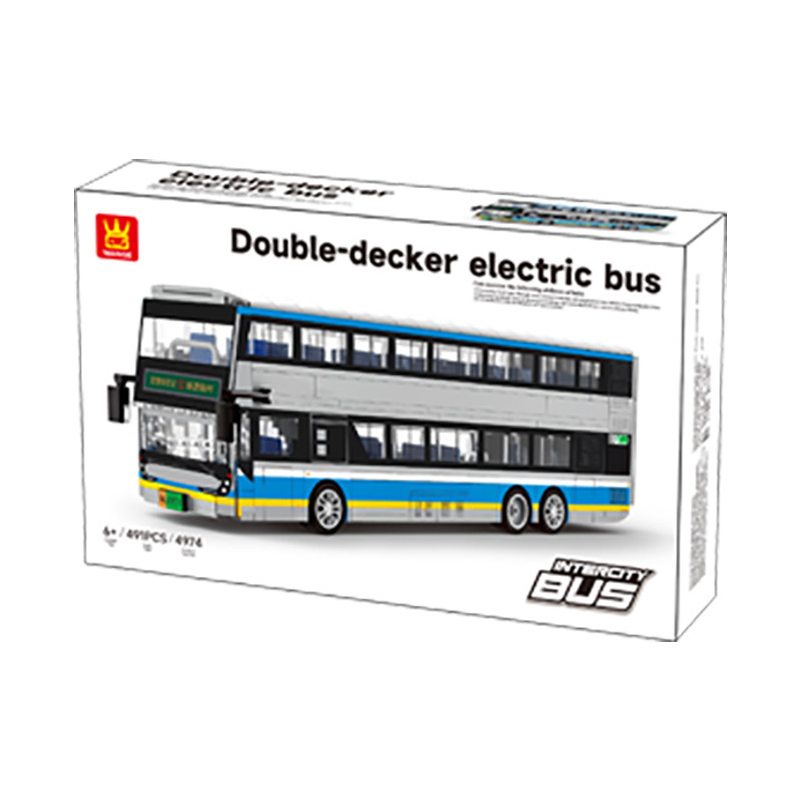 Double-decker electric bus building blocks set in retail packaging, featuring product design, model preview, and detailed city bus concept for collectors and display