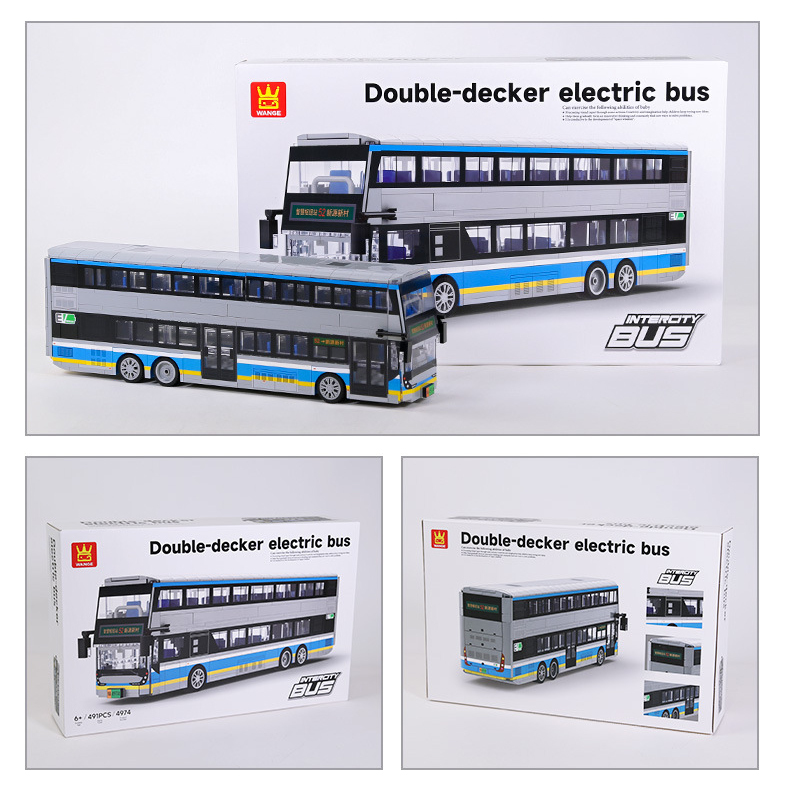 Double-decker electric bus building blocks set with completed model and packaging, showcasing product design, box details, and presentation for display or gifting