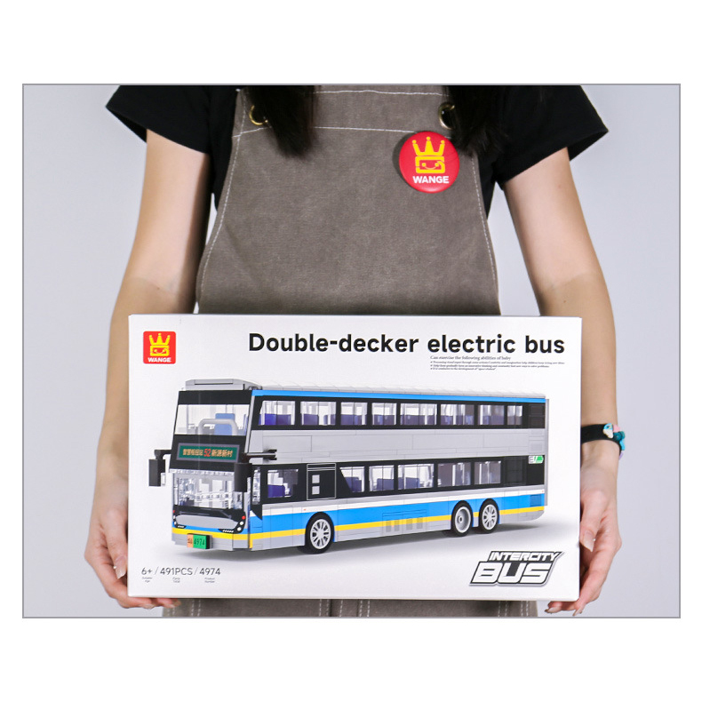 Double-decker electric bus building blocks set shown with packaging, highlighting box size, presentation, and suitability as a gift for building block and vehicle enthusiasts