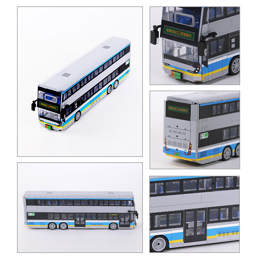 Double-decker electric bus building blocks model shown from multiple angles, highlighting front display, rear design, side profile, and detailed windows for realistic city bus styling