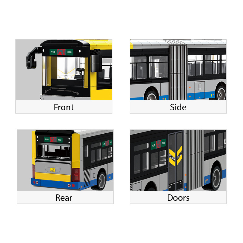 Close-up views of intercity bus building blocks showing front, side, rear and door details