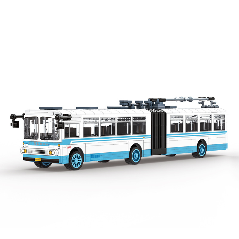 WANGE trolleybus building blocks model with articulated body, dual-section structure, and roof-mounted power poles
