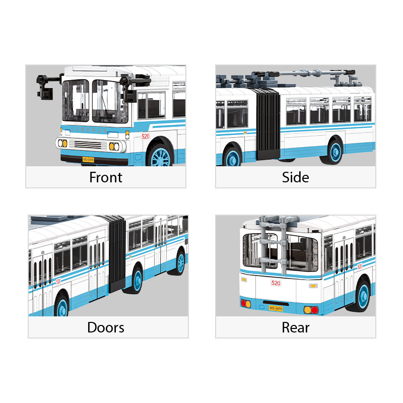 Close-up details of WANGE trolleybus building blocks showing front, side, doors, and rear design elements