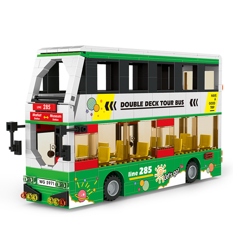 Double deck tour bus building blocks model in green and white design, featuring open upper deck, clear window panels, detailed interior seating, and realistic city bus styling