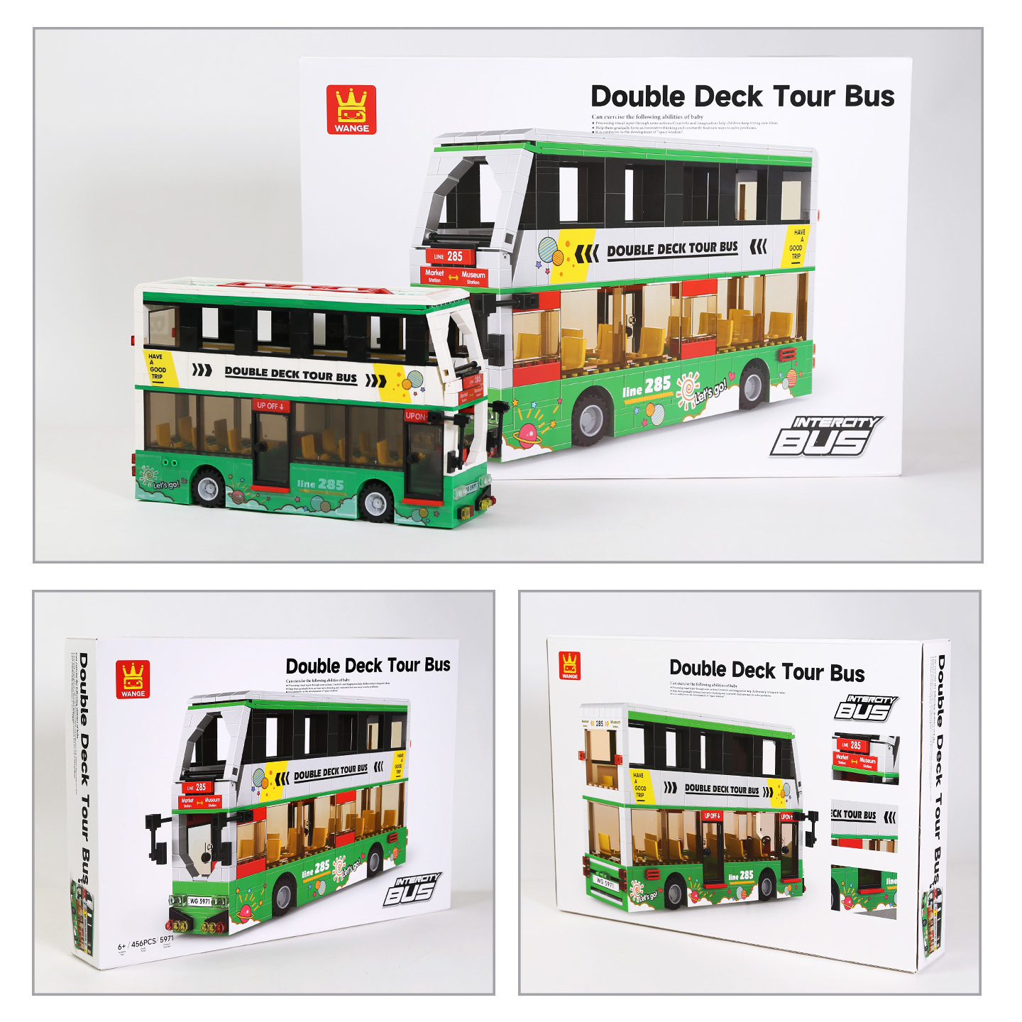 Double Deck Tour Bus building blocks model displayed with packaging box, highlighting detailed design, colorful graphics, and city sightseeing bus style