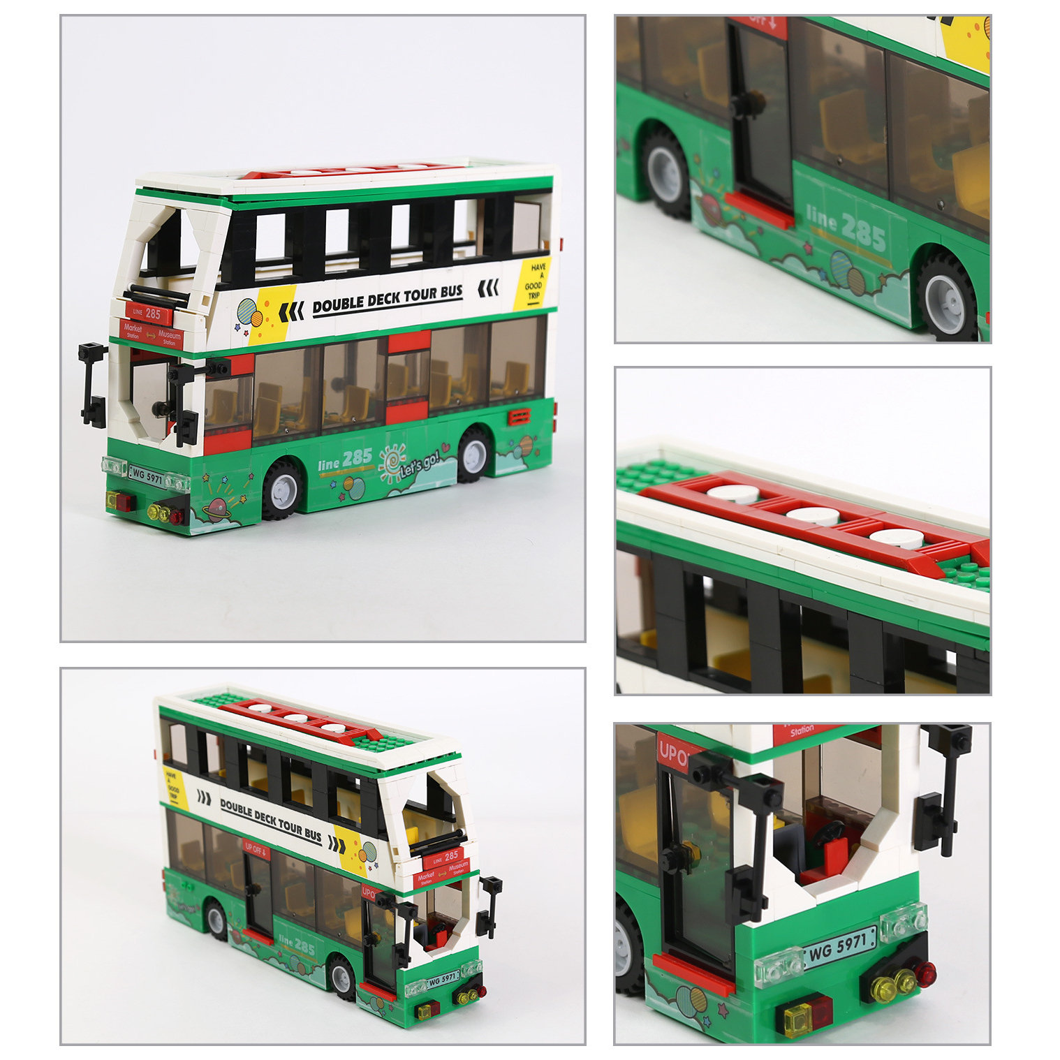 Double Deck Tour Bus building blocks model showcasing multiple angles and close-up details, including wheels, windows, roof design, and interior seating layout