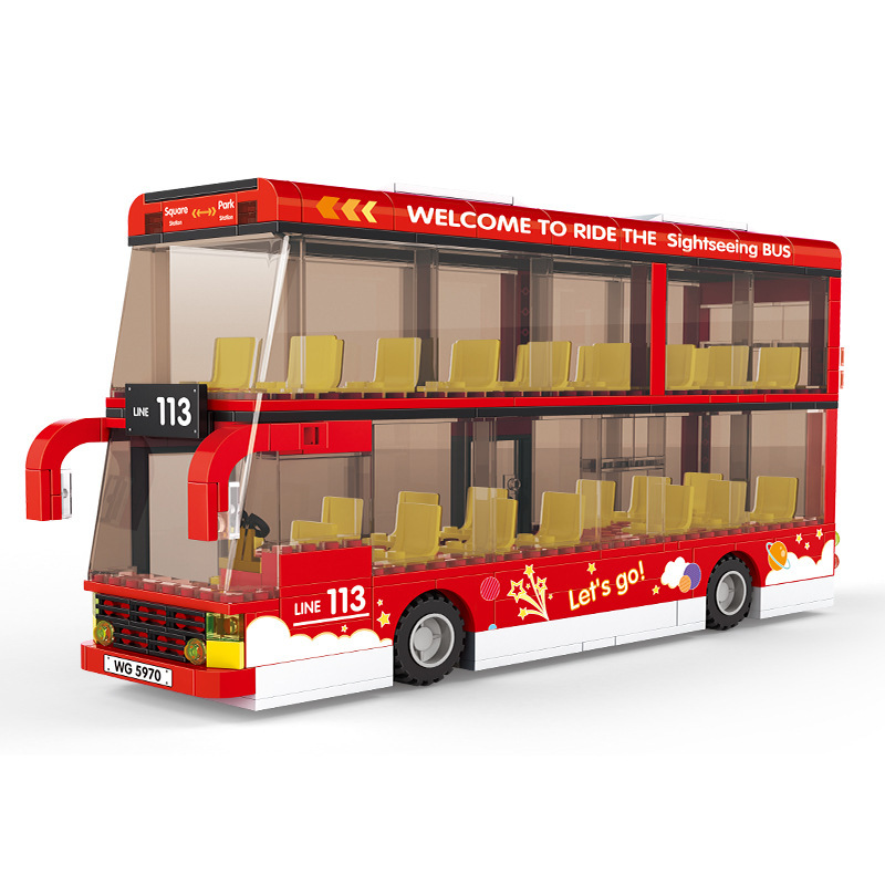 WANGE sightseeing bus building blocks model in bright red color with clear windows, double-decker layout, and detailed seating across both levels