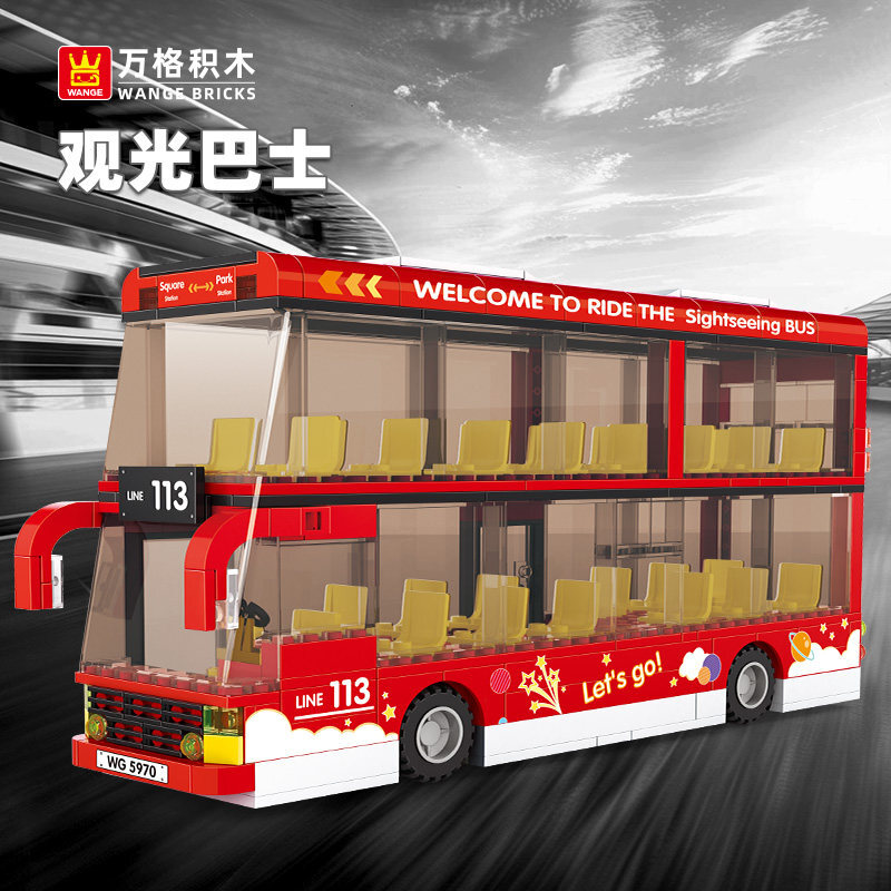 Red double-decker sightseeing bus building blocks model with transparent windows, detailed interior seating, and route display, shown in dynamic city background