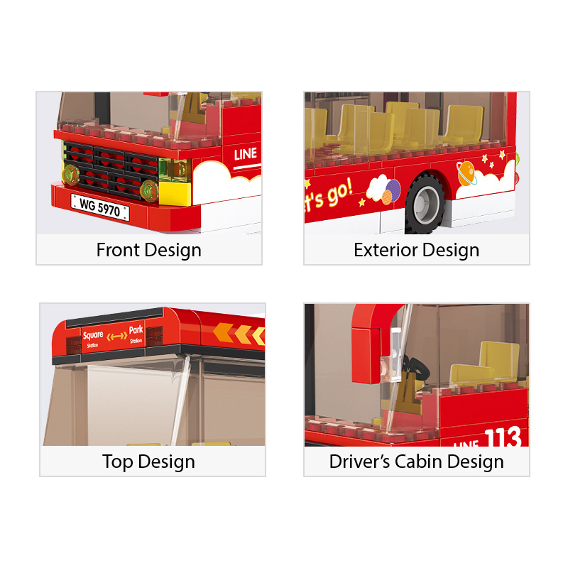 Close-up details of sightseeing bus building blocks including front grille, exterior styling, top section, and driver’s cabin interior design