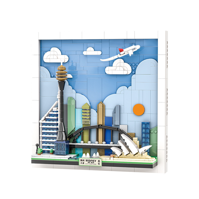 Sydney City Postcard building blocks model with detailed skyline, framed structure, and layered construction, showcasing clean design and compact display format