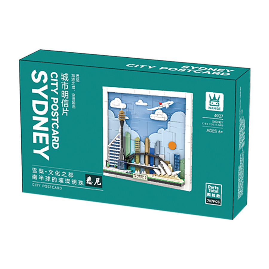 Sydney City Postcard building blocks packaging box showing framed skyline model design, product details, and city postcard theme presentation