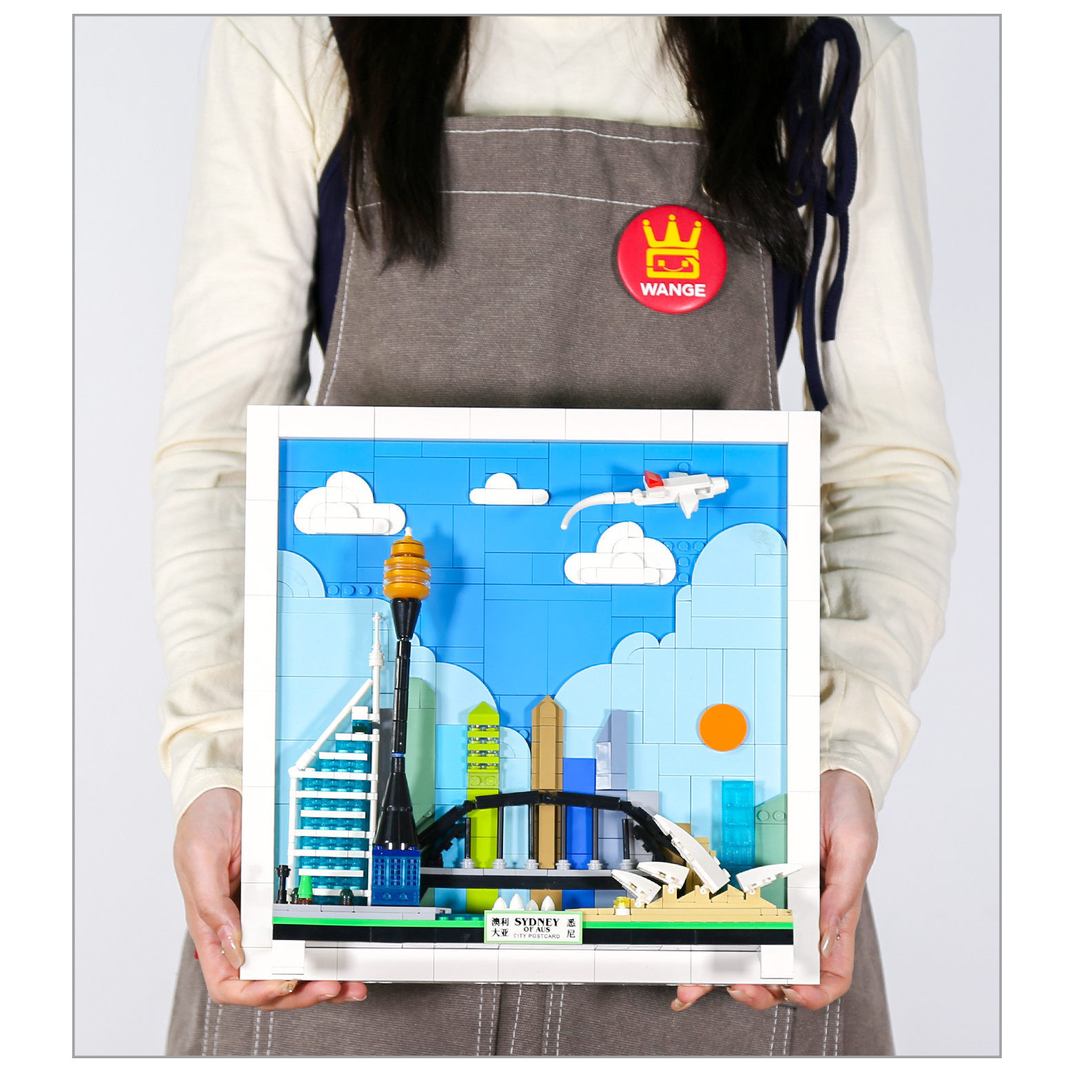 Sydney City Postcard building blocks model in framed layout, featuring stylized skyline, layered structure, and compact display design for desks or shelves
