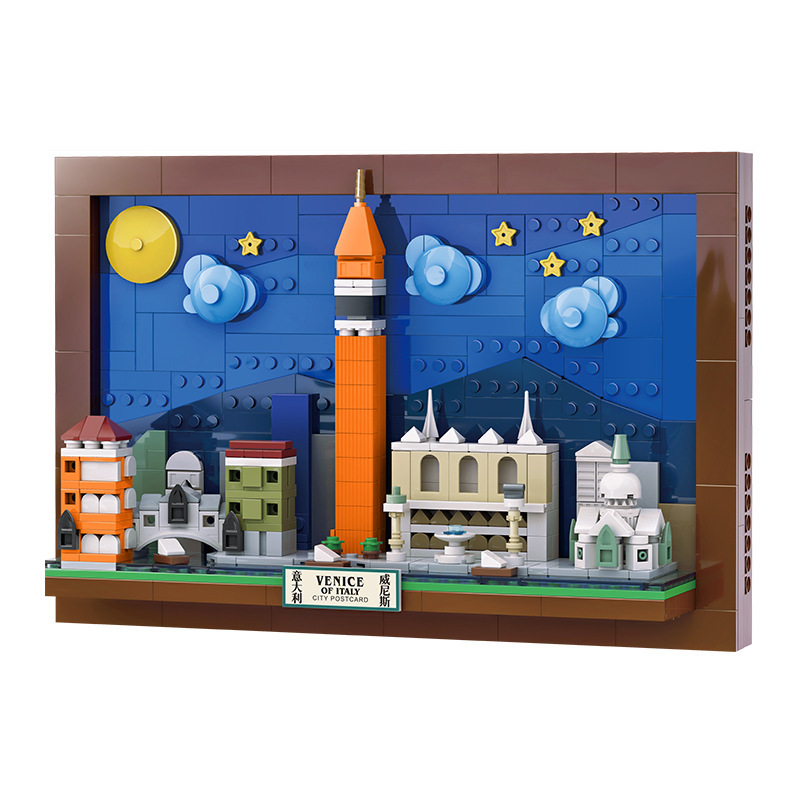 Venice City Postcard building blocks model in a clean white background, featuring a framed skyline design with detailed Venetian architecture and layered city elements for display