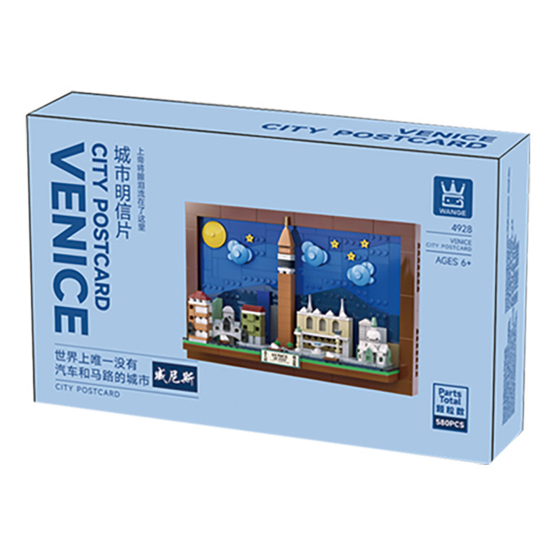 Venice City Postcard building blocks color box packaging on a clean white background, featuring product image, branding, and 580-piece set details