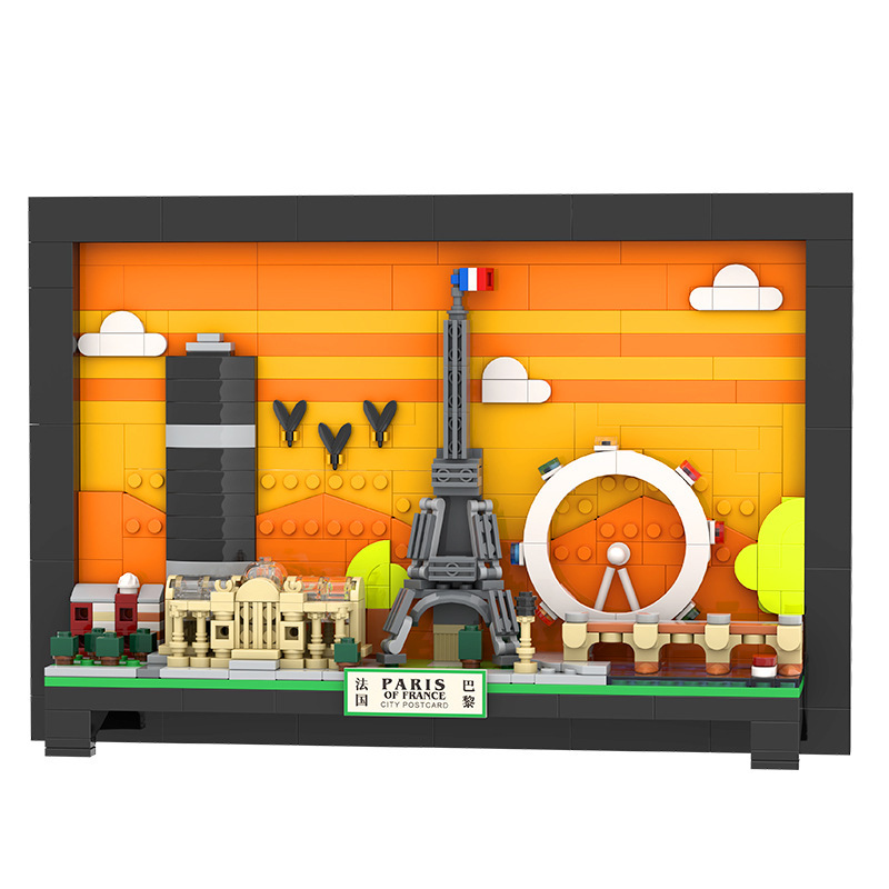 Paris City Postcard building blocks model with Eiffel Tower, Ferris wheel, and stylized skyline, designed in a framed layout with layered orange background and clean display structure