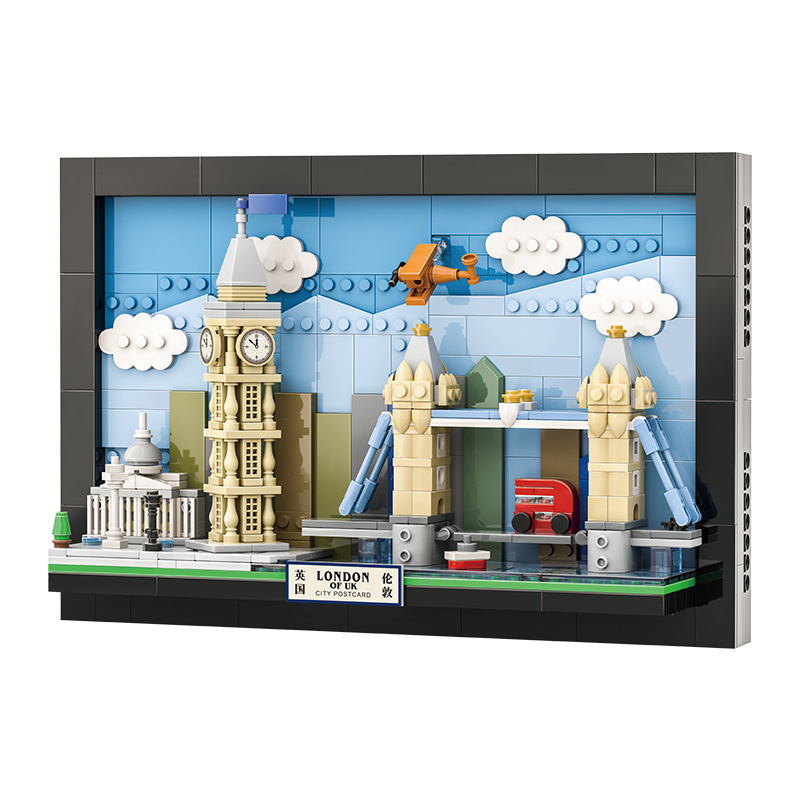 London City Postcard building blocks model with detailed skyline design, showcasing Big Ben, Tower Bridge, layered bricks, and a framed display structure for collection and display