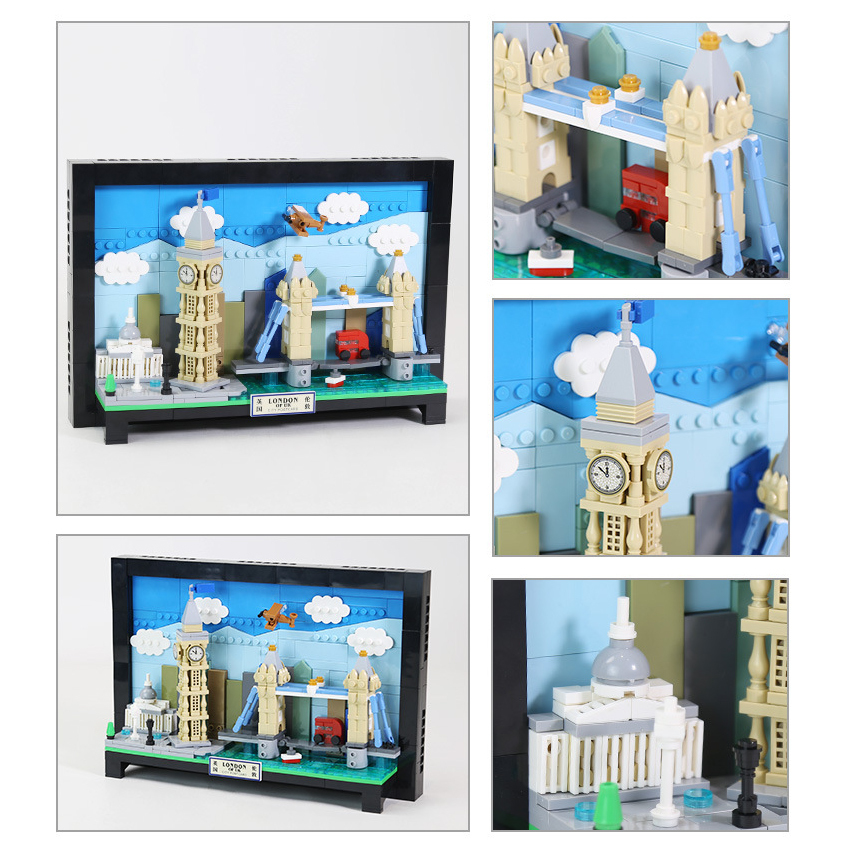 London City Postcard building blocks framed model with detailed skyline design, including close-up views of Big Ben, Tower Bridge, and architectural elements highlighting layered brick construction