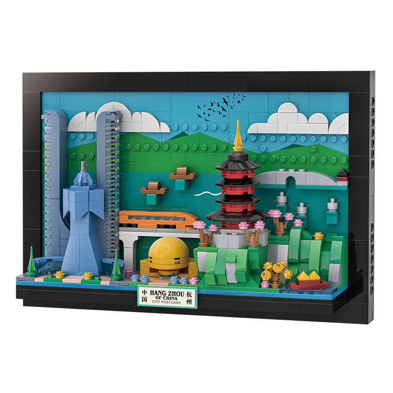 WANGE Hangzhou City Postcard building blocks featuring detailed pagoda, modern buildings, bridge, and scenic landscape in a framed display model