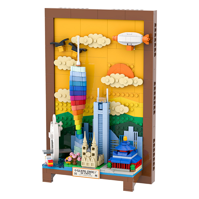 WANGE Guangzhou City Postcard building blocks model showing detailed skyline elements including Canton Tower, modern buildings, and layered scene within a framed structure for display and collection