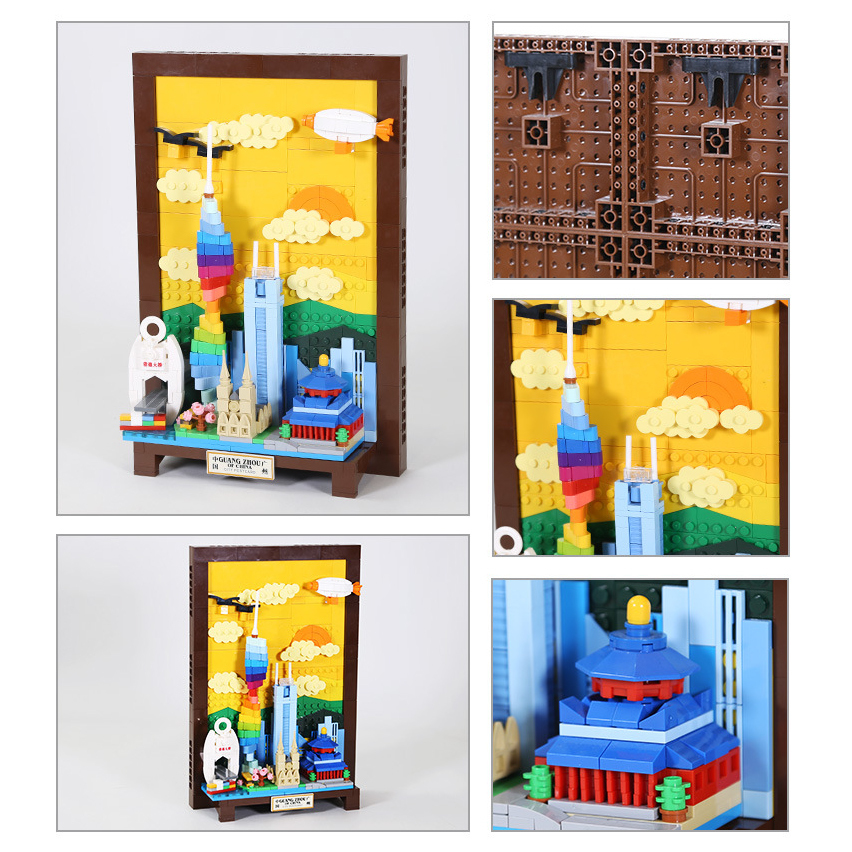 Guangzhou city postcard building blocks set with detailed views of skyline model, internal structure, Canton Tower, layered clouds, and architectural elements in a framed display design