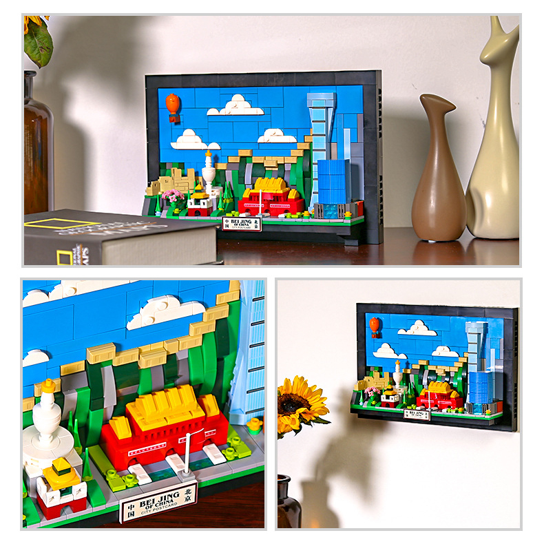 Beijing City Postcard building blocks shown in styled interior scenes, including close-up details and wall-mounted display, highlighting its use as a framed decorative city model