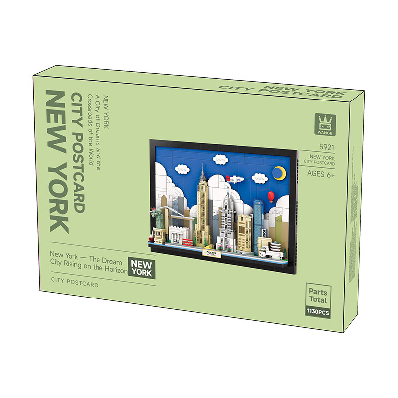 WANGE New York City Postcard building blocks packaging box with product image, model details, and 1130-piece count, presented in a clean studio background