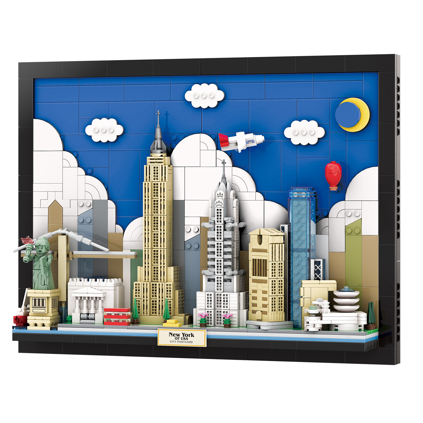 WANGE New York City Postcard building blocks set on a clean white background, showing full framed skyline design with layered clouds and detailed miniature landmarks