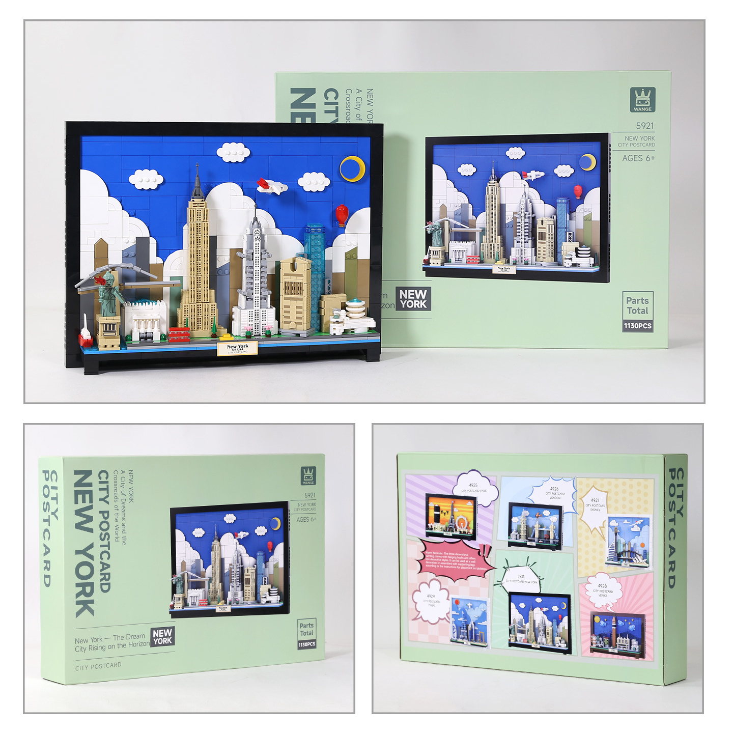 WANGE New York City Postcard building blocks set with packaging box, showing completed model alongside front and back box design with series overview