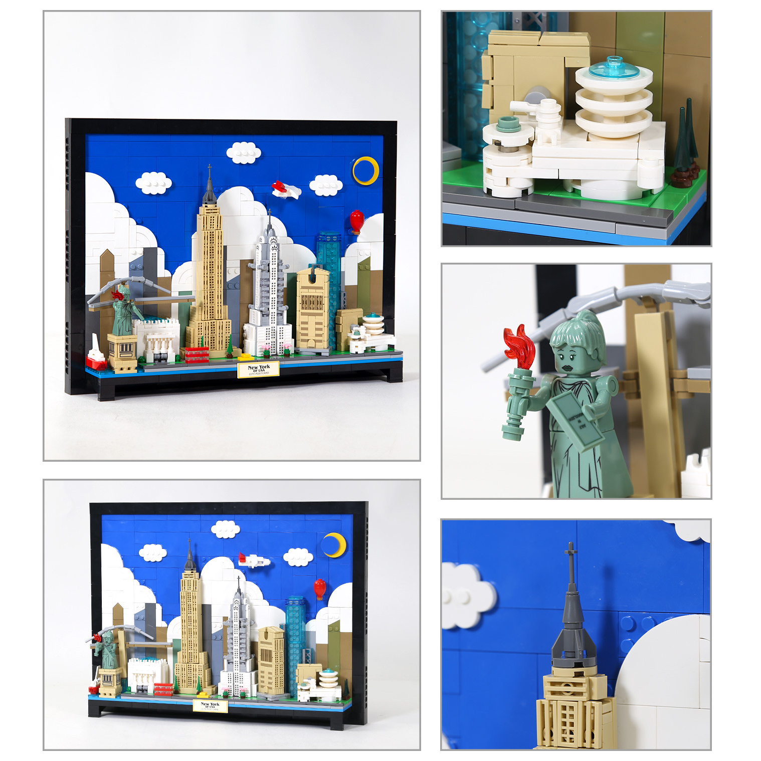 WANGE New York City Postcard building blocks model with multiple detail views, featuring skyline composition, Statue of Liberty, and architectural elements