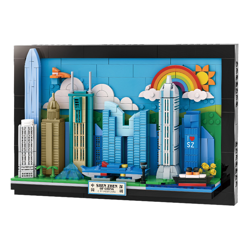 Shenzhen City Postcard building blocks set featuring detailed skyline architecture, vibrant colors, waterfront elements, and structured frame display