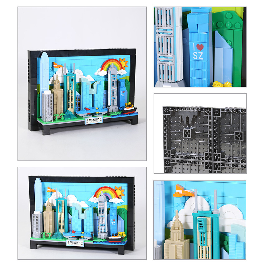 Shenzhen City Postcard building blocks model with multiple detail views, including skyline close-ups, structural back panel, and layered brick design