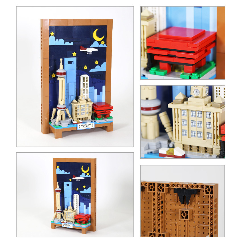 Shanghai City Postcard building blocks model with close-up details of skyline elements, including layered architecture, landmark structures, and rear frame support design