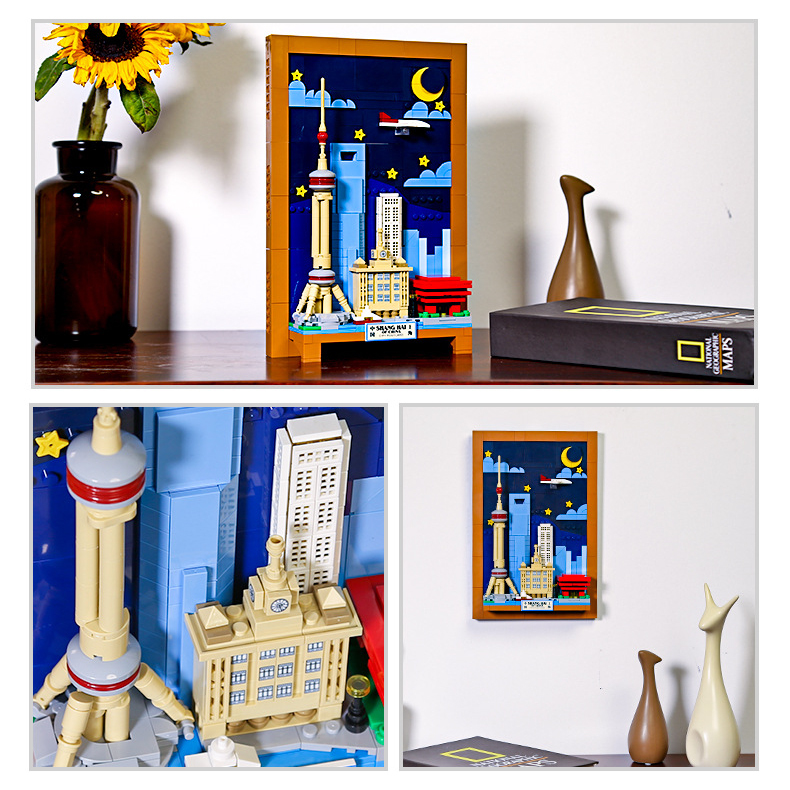 Shanghai City Postcard building blocks model in lifestyle setting with close-up details and wall display view, highlighting skyline design and decorative versatility